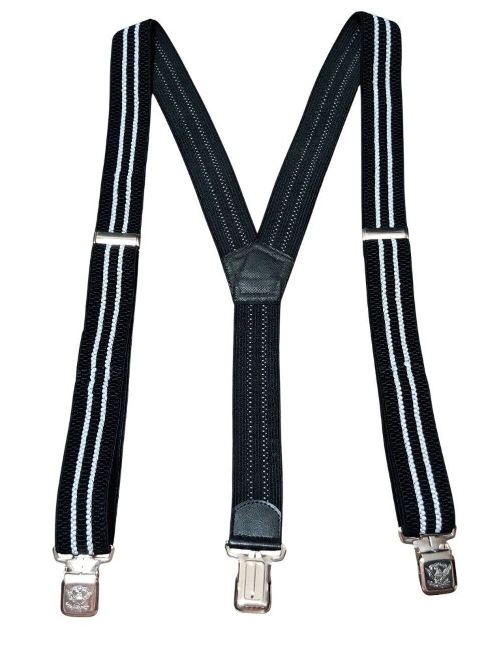 Decalen Suspenders Black White Stripe Y Back 3 Clip Eagle Crest Made in Poland
